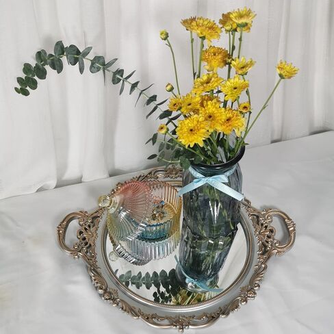 صينية مرآة مزخرفة من ياش يانيزو، مستديرة بمقابض، منظم للعطور والمكياج والمجوهرات وصينية عرض عتيقة وصينية تقديم لخزانة الملابس والعداد وطاولة القهوة، 15.8 × 13 بوصة، فضي ذهبي in Kuwait