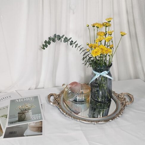 صينية مرآة مزخرفة من ياش يانيزو، مستديرة بمقابض، منظم للعطور والمكياج والمجوهرات وصينية عرض عتيقة وصينية تقديم لخزانة الملابس والعداد وطاولة القهوة، 15.8 × 13 بوصة، فضي ذهبي in Kuwait