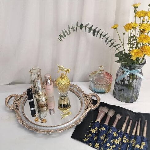 صينية مرآة مزخرفة من ياش يانيزو، مستديرة بمقابض، منظم للعطور والمكياج والمجوهرات وصينية عرض عتيقة وصينية تقديم لخزانة الملابس والعداد وطاولة القهوة، 15.8 × 13 بوصة، فضي ذهبي in Kuwait