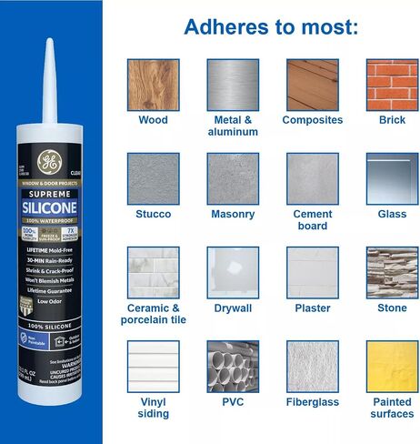 GE Supreme Silicone Caulk for Window & Door - 100% Waterproof Silicone Sealant, 7X Stronger Adhesion, Freeze & Sun Proof - 2.8 fl oz Tube, Clear, 12 Pack in Saudi Arabia