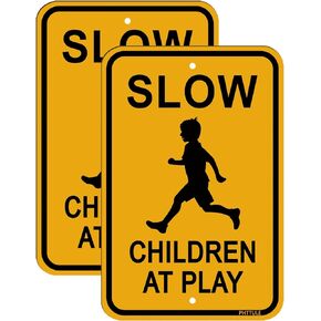 Slow Children at Play Signs 2 Pack, Kids Playing Slow Down Sign 18"x12" Rust Free .040 Aluminum, Fade Resistant Security Signs for Neighborhood Street