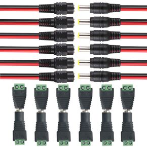 FULARR 24Pcs Premium 5.5 X 2.1mm DC Connector Kit: 6 Pair DC Power Plug Jack Adapter Connector + 6 Pair DC Power Pigtail Cable, for CCTV Security Camera