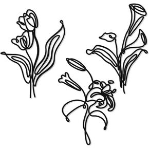 Zzbakress 3 Pcs Metal Flower Wall Decor Black Metal Wall Art Modern Fower Decor Minimalist Wire Decor for Kitchen Bedroom Bathroom Patio Garden Balcony Yard Office (Black, Floral-1)