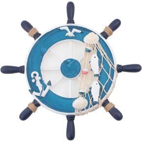 Hooshing Nautical Decor Wooden Ship Wheel with Rope Blue Nautical Beach Boat Steering Rudder Bathroom Wall Decor Door Hanging Ornament