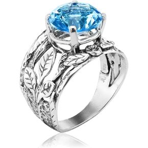 خاتم من الفضة الإسترلينية 925 مع كريستال أزرق مستدير/زركونيا مكعب، طبيعة الزهرة، مؤكسد، مظهر عتيق أنيق لا يسبب الحساسية، خالي من النيكل والرصاص، مجموعة مصممين حرفيين يدويًا (مقاس 5-11) in Kuwait
