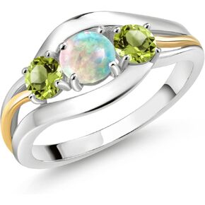 Gem Stone King 925 Sterling Silver and 10K Yellow Gold Round Cabochon White Opal and Green Peridot 3 Stone Ring For Women (1.10 Cttw, Available In Size 5, 6, 7, 8, 9)
