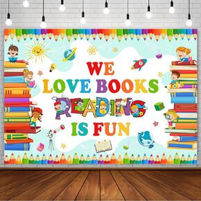 7x5ft World Book Day Backdrop for Photography We Love Books Reading is Fun Children Students Classroom Reading Decorations Library Banner Elementary Wallpaper Photo Booth Props