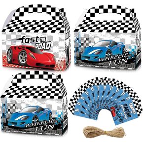 HAPPARTY 24PCS Race Car Party Favor Gift Boxes With Thank You Tags, Black White Checkered Racing Car Goodie Candy Treat Box for Birthday Baby Shower Party Decorations Supplies