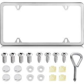 RED WOLF Stainless Steel License Plate Frame Mount Front Rear Bumper Metal Mirror Polish Silver Tag Cover 12x6 Inch Universal Fit Car Truck Van SUV w/Chrome Screws Caps Nylon Insert Nut, 1PC