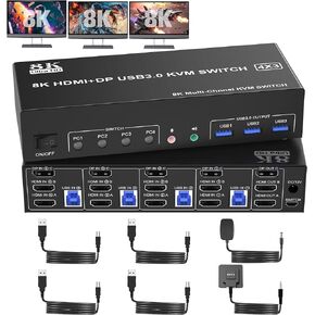 8K @ 60 هرتز KVM Switch 3 شاشات 4 أجهزة كمبيوتر 4K @ 144 هرتز، 2 HDMI +1 DisplayPort KVM Switch شاشة ثلاثية لـ 4 أجهزة كمبيوتر مع صوت و3 منافذ USB 3.0، 3 مفاتيح KVM للشاشات ومحول ماوس لوحة المفاتيح in Kuwait