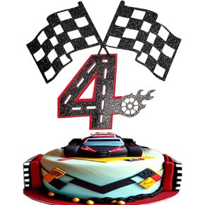 Race Car 4 Years old Birthday Cake Topper- Checkered Flag, Racing Track, Fire Wheel Cake Decoration Set for Boy's 4th Birthday Party Supply