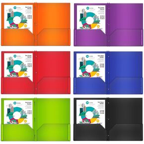 Performore 6-Pack Multi-Colored Plastic Folders with 2 Pockets and 3 Prongs, Letter Size File Folders (Black, Blue, Red, Green, Orange, Purple) – Durable for School, Office, and Home.