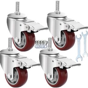 Caster Wheels, Heavy Duty Castors PU Wheels M12-1.75x1-1/5" Threaded Stem Casters Swivel Casters with Double Brakes Set of 4 (M12-1.75x1-1/2",3 Inch)