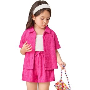 WDIRARA Toddler Girl's 2 Piece Outfits Short Sleeve Button Front Shirt and Bow Track Shorts Set