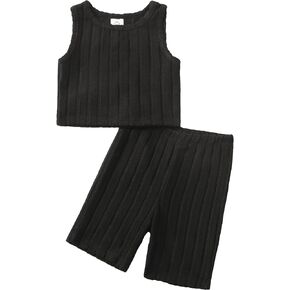DEFAHN Toddler Girl Summer Clothes Set Warm Soft 2-piece Long Sleeve Ribbed Knit Tee & Leggings Summer Drop Shoulder Girl Set