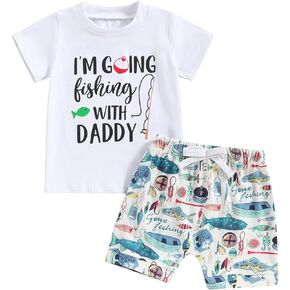 Baby Boy Fish Outfit I'm Going Fishing With Daddy Short Sleeve T-Shirt Fish Print Shorts Set Toddler Summer Clothes
