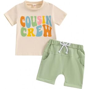 Toddler Baby Boy Girl Summer Clothes Short Sleeve Cousin Crew T-shirt Elastic Waist Shorts 2Pcs Infant Cousins Outfits