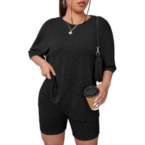 MakeMeChic Women's Summer Lounge Sets 2 Piece Ribbed Short Sleeve Top and Biker Shorts Set Tracksuits