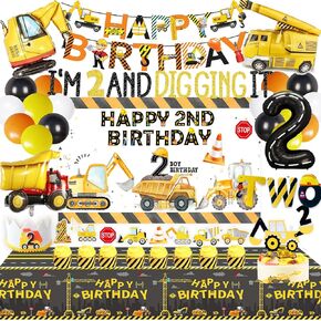 Construction Birthday Party Supplies for 2 Year Old Boy, 2nd Birthday Decorations For Boys, include- Backdrop, Cake, and Cupcake Toppers, Balloons, Cupcakes Wrappers, Banner