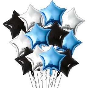 12PCS Bule Black Silver Star Balloons, 18 Inch Star Balloons Foil Mylar Star Balloons for Bule Black Silver Star Birthday Graduation Wedding Party Decorations