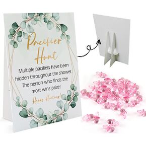 Baby Pacifier Hunt Baby Shower Games, Gender Reveal Game, 8×10 Sign and 50 Mini Acrylic Pacifier, Favorite Adults Kids Games for Baby Shower Activities, Gender Neutral Boy and Girl BPH04