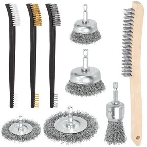 Keadic 9Pcs Wire Brush Set, Wire Wheel Brush Cup Drill Attachment with 1/4 Inch Hex Shank, Large & Small Stainless Steel/Brass Bristles with Curved Handle for Stripping, Welding, Cleaning Rust