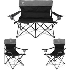 3 Piece Portable Camping Chairs Set,Folding Lawn Chair Set with Cup Holder,Outdoor Heavy Duty Comfy Chairs,Loveseat Chair Perfect for Family Hiking,Picnics and Beach Trips,Black