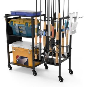 KNINE OUTDOORS Fishing Pole Holders for Garage, 12 Fishing Rod Holders Design, Fishing Rod Storage, Fishing Cart, 3 Layers of Storage Space, Fishing Gear and Equipment
