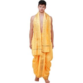 Ready to Wear Dhoti and Angavastram Set with Meenakari Woven Golden Border - Art Silk