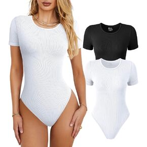 TOB Women's 2 Piece Bodysuits Sexy Ribbed Short Sleeve Crew Neck Stretch Tops Bodysuits