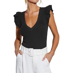Ezbelle Women's Summer Sleeveless Tops V Neck Ruffle Shirts Knit Ribbed Tank Top Sexy Blouse 2024