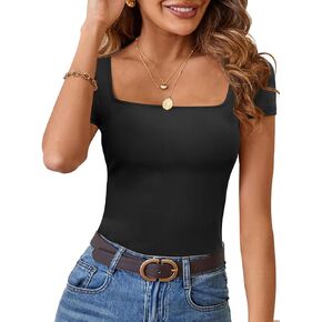 MEROKEETY Women's 2024 Summer Short Sleeve Tops Square Neck Slim Fit Y2k Casual Basic Shirts Tee