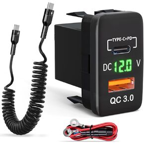 Qidoe 12V/24V USB C Car Charger for Toyota, Dual USB Port QC3.0 & PD3.0 Car Power Socket with LED Voltmeter and Type C Cable for Toyota FJ Cruiser Tundra 2005-2006 4Runner 2003-2009 Hilux 2005-2014