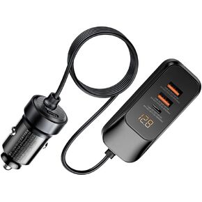 Car Charger 4-Port 120W max,with 1.5m Extension Cable for Rear Seats,120W Max Total Output,Car Cigarette Lighter Adapter with LED Digital Display, PD 30W & QC 30W Fast Charging