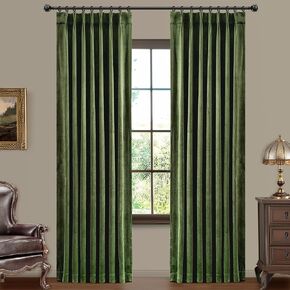 Olive Green Pinch Pleated Blackout Curtains 96 Inch Length 2 Panels with Hooks，Luxury Velvet Curtains for Bedroom Living Room, Back Tab Thermal Insulated Soft Room Darkening Curtains,W40xL96