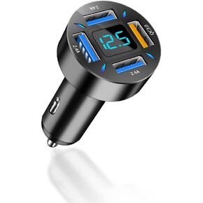 شاحن سيارة سريع بقدرة 66 واط، 4 منافذ USB، محول شاحن طاقة ذكي مع الفولتميتر، متوافق مع معظم الهواتف الذكية
