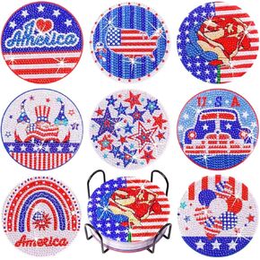 FOWSEEK 8 Pcs 4th of July Diamond Painting Coasters, DIY Independence Day Diamond Art Coasters Diamond with Holder, Patriotic Day Diamond Painting Kits for Beginners Adults Art Craft Supplies Gift