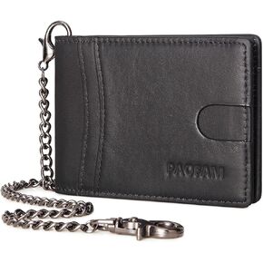 Chain Wallets for Men, Genuine Leather Blocking Bifold Wallet RFID Protective Credit Card Holder with Money Clip, Pickpocket Proof Slim Chain Wallet for Men