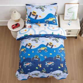 Btargot 4 Pieces Reversible Cartoon Car Kids Off-Road Vehicle Toddler Bedding Set, Race Car Motorcycle Construction Truck Comforter Sets for Baby Girls Boys, Grey