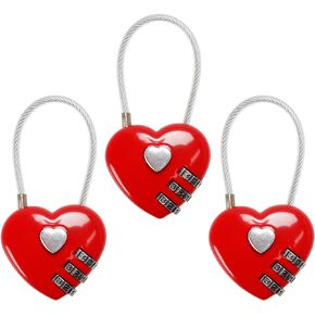 Red Heart Padlock, Mini Code Lock, Wire Rope 3-Digit Code Combination Padlock for Travel Bags/Suitcase/Lockers/Backpacks/Jewelry Boxes, 3 Packs