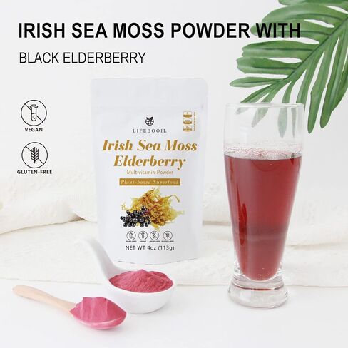 Irish Sea Moss Powder with Black Elderberry,Vegan,Non-GMO,Gluten Free,No Additives and Preservatives,4oz in Saudi Arabia