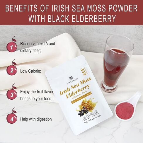 Irish Sea Moss Powder with Black Elderberry,Vegan,Non-GMO,Gluten Free,No Additives and Preservatives,4oz in Saudi Arabia
