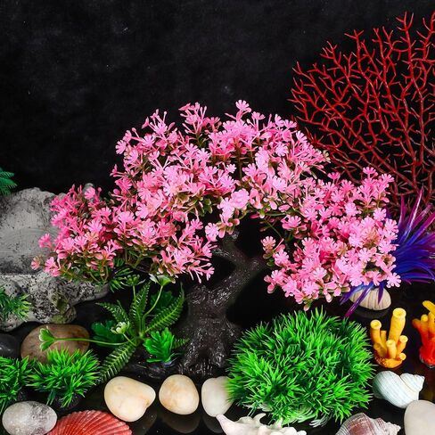 إكسسوارات ديكورات الديكور الاصطناعي من VICASKY - ديكور نباتات بلاستيكية صناعية لحوض السمك، مجموعة ديكور شجرة أزهار الكرز الوردي والعشب، ملحقات ديكورات حوض السمك الذهبي in Saudi Arabia