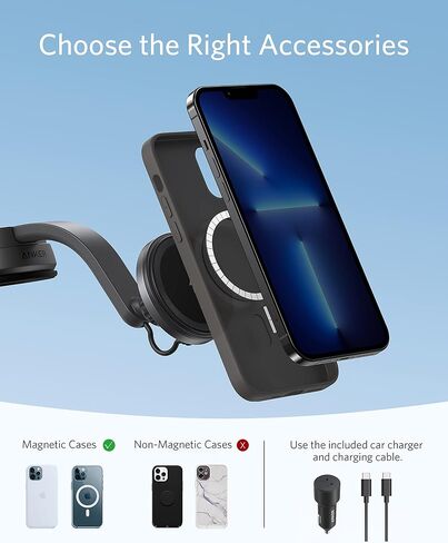 شاحن Anker اللاسلكي المغناطيسي (MagGo)، حامل شحن السيارة 613 مع شاحن سيارة بمنفذين USB، كابل USB-C إلى USB-A بطول 5 أقدام، محاذاة مغناطيسية قوية فقط لهاتف iPhone 13 و12/12 Pro / 12 Pro Max / 12 Mini in Saudi Arabia
