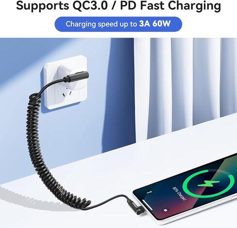 aceyoon 2pack ملفوف USB C كابل الشاحن 4ft قابل للسحب سريع شحن الربيع نوع C الحبل لفون 15 برو ماكس، سامسونج غالاكسي S24 / S23 / S22 / S21 / S20 / S10 / S9، هواوي، بكسل، آي باد ميني in Kuwait