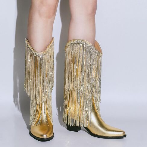 أحذية LISHAN النسائية رعاة البقر بشراشيب وكعب متوسط ​​الساق in Kuwait