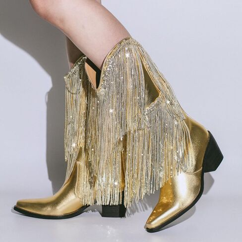 أحذية LISHAN النسائية رعاة البقر بشراشيب وكعب متوسط ​​الساق in Kuwait