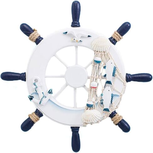 Hooshing Nautical Decor Wooden Ship Wheel with Rope Blue Nautical Beach Boat Steering Rudder Bathroom Wall Decor Door Hanging Ornament in Saudi Arabia