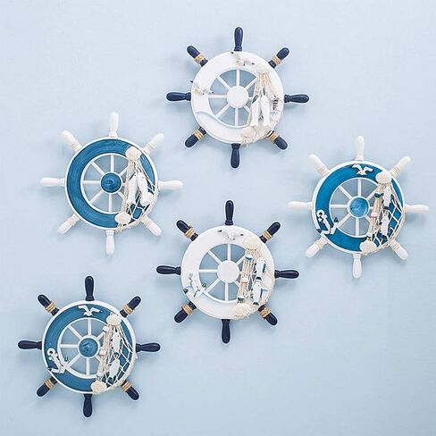 Hooshing Nautical Decor Wooden Ship Wheel with Rope Blue Nautical Beach Boat Steering Rudder Bathroom Wall Decor Door Hanging Ornament in Saudi Arabia