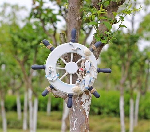 Hooshing Nautical Decor Wooden Ship Wheel with Rope Blue Nautical Beach Boat Steering Rudder Bathroom Wall Decor Door Hanging Ornament in Saudi Arabia
